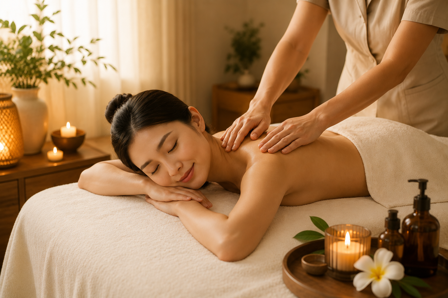Massage therapist treating a guest's back