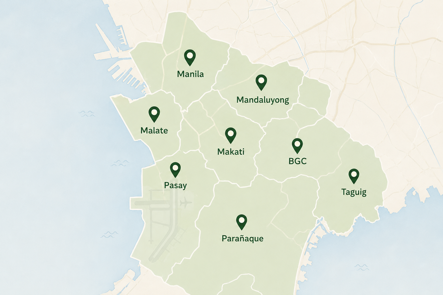 Map showing Aqua Massage service coverage across Metro Manila